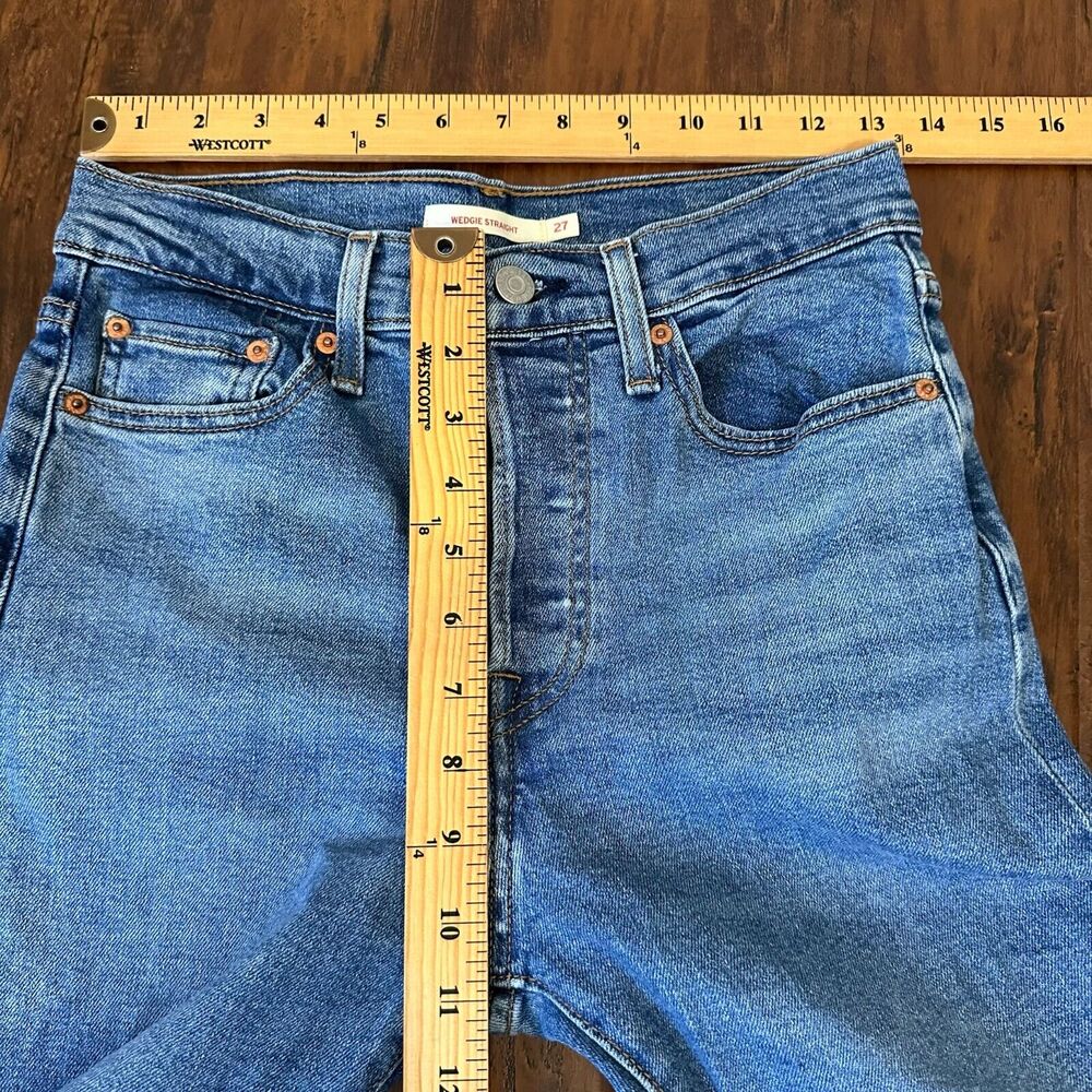 LEVI'S Wedgie Straight Jeans Blue Cropped Cut-Off High Rise Button Fly - Picture 12 of 14